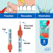 TePe Interdental Brush Extra Soft, Supersoft Dental Brush for Teeth Cleaning, Pack of 8, 0.5 mm, Extra-Small/Small Gaps, Red, Size 2