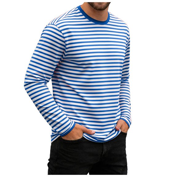GEWSEY Long Sleeve Shirts for Men, Striped Basic Shirts Long Sleeve Crewneck Color Block Casual Pullover Tops for Spring Summer (Blue, 3XL)
