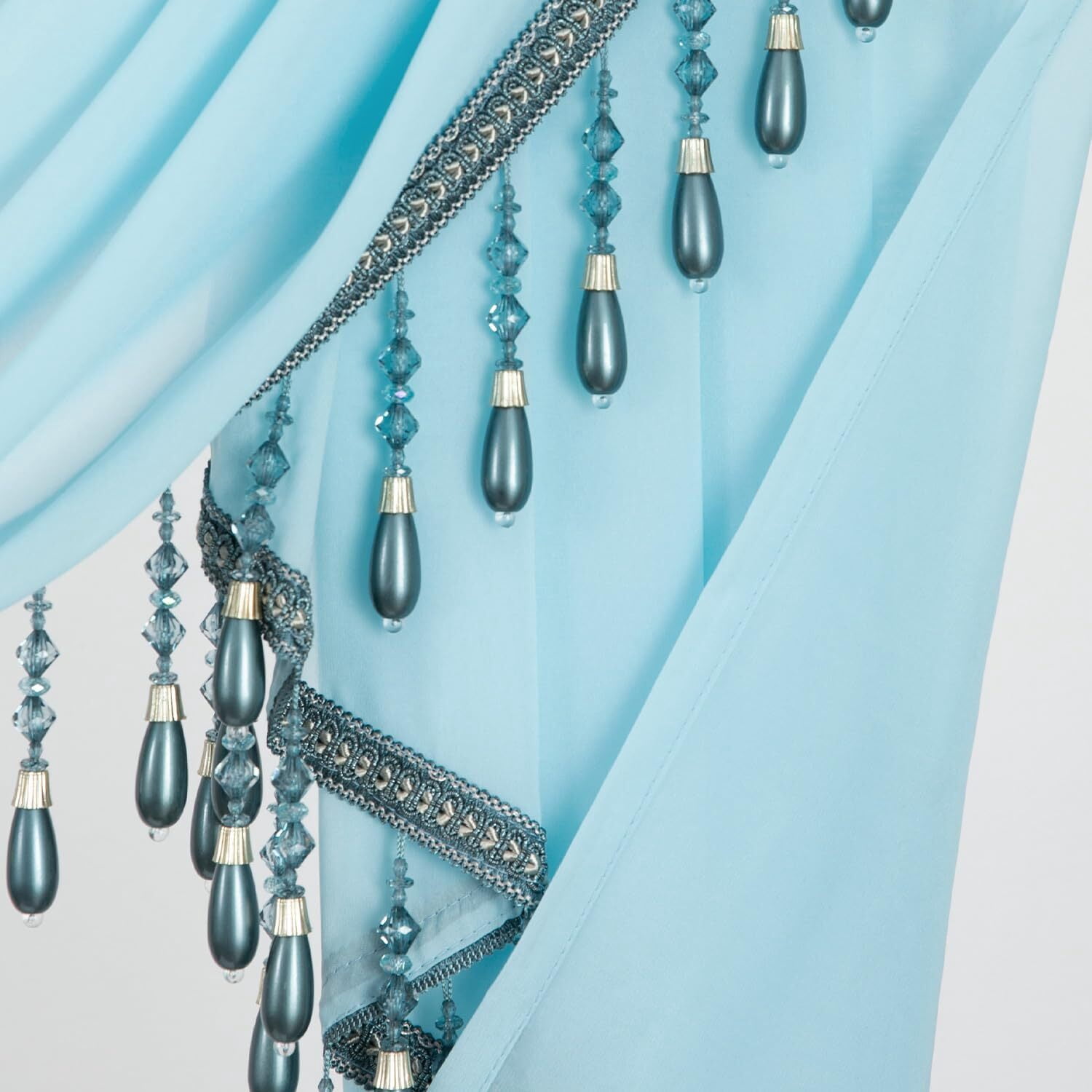 VOGOL Sheer Window Curtains Valance, 1 Panel Retro Style Drapes for Living Room with 2 Swags, Luxury Waterfall Valances for Home Wedding Party, 59 inches Wide, Light Blue