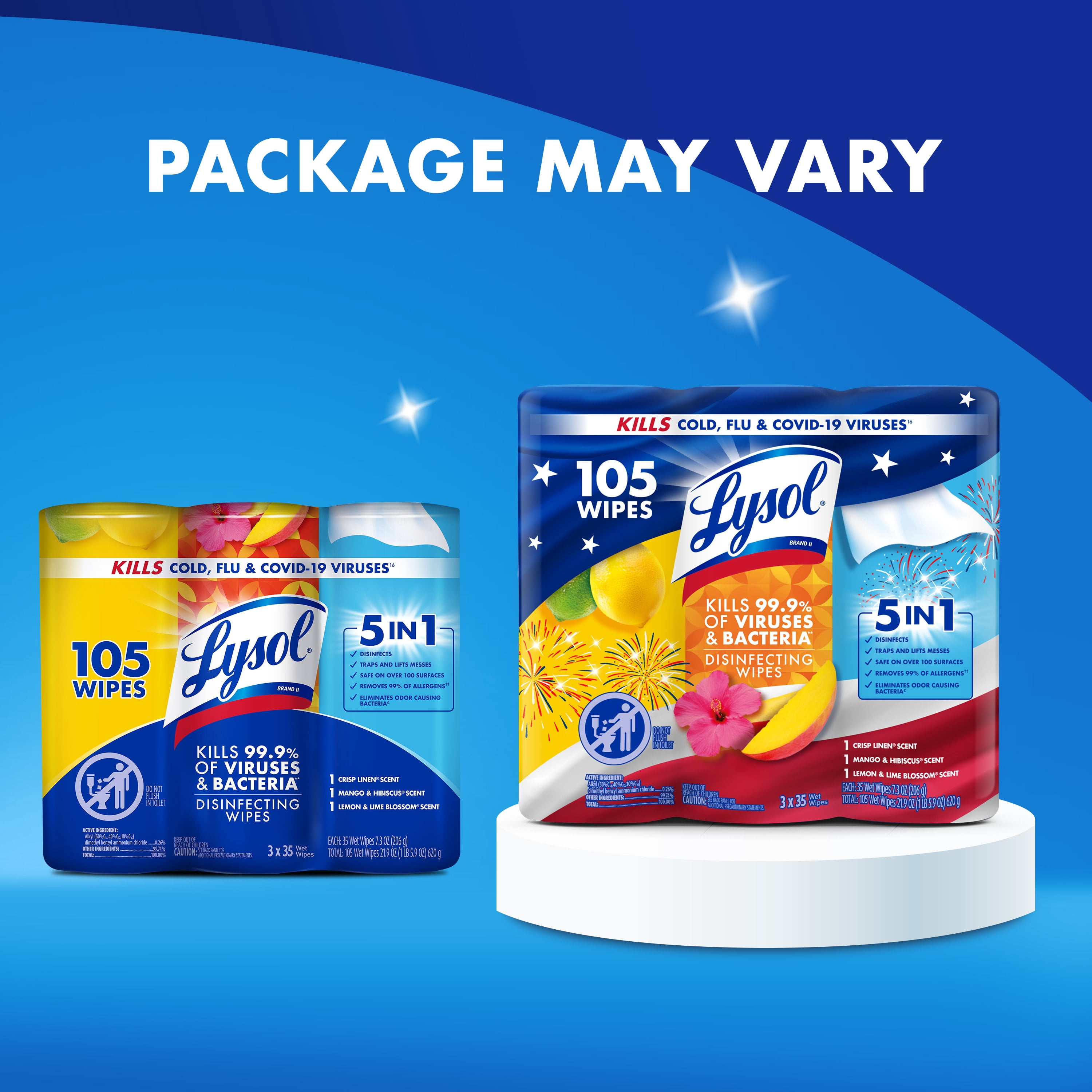 (2 pack) Lysol Disinfecting Wipes, All Purpose Cleaner, Multi Surface Antibacterial Cleaning Wipes, Cleaning Supplies, Lemon + Mango & Hibiscus + Crisp Linen Scent, 35 Count Each (Pack of 3)