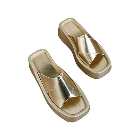 

Zodanni Ladies Platform Sandal Cross Strap Wedge Sandals Slip On Casual Shoes Summer Slide Slippers Beach Non-Slip Open Square Toe Gold 5