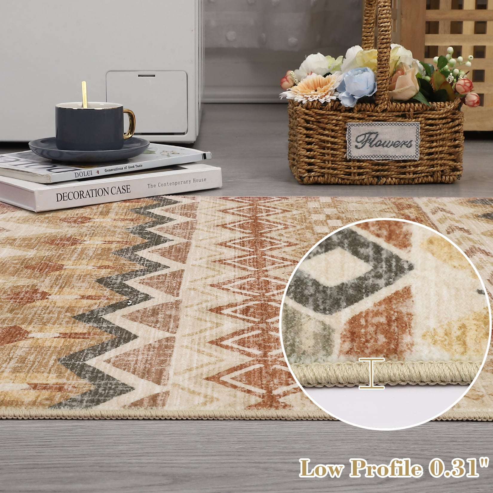 HOMERRY Floral Print Non Slip Area Rug 9' x 12' for Living Room Washable Indoor Carpet, Beige/Yellow