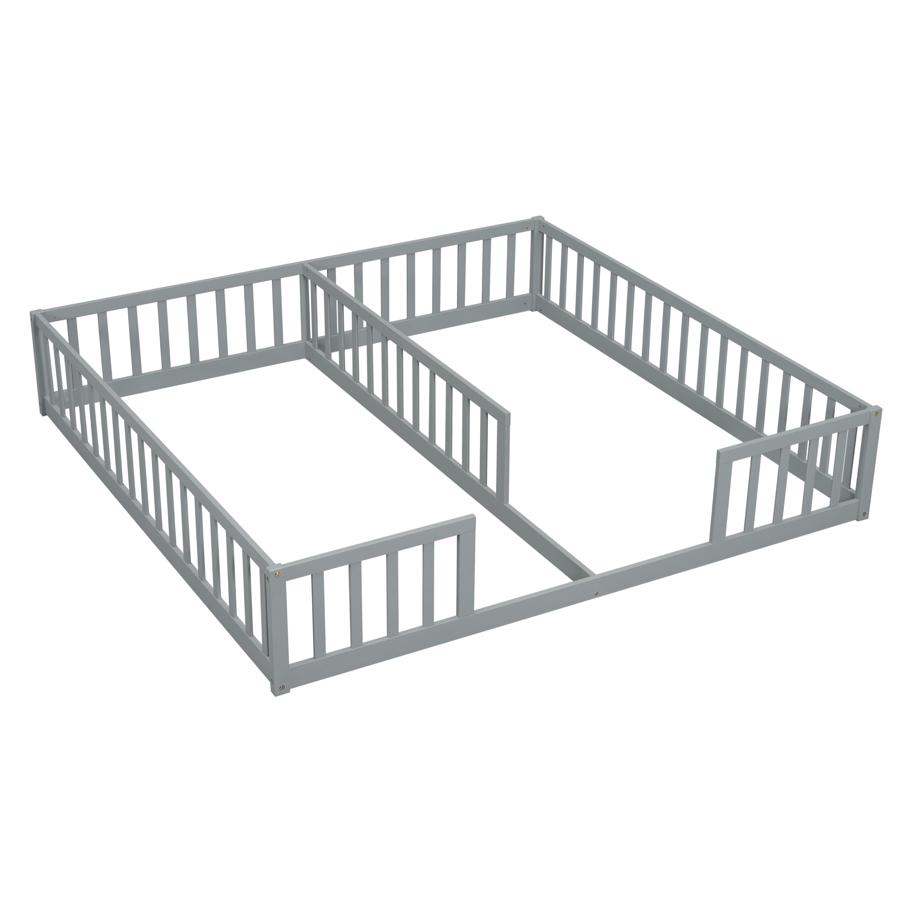PORKISS Twin Size Floor Bed for Kids, Double Wood Montessori Bed Frame with Fence, Grey