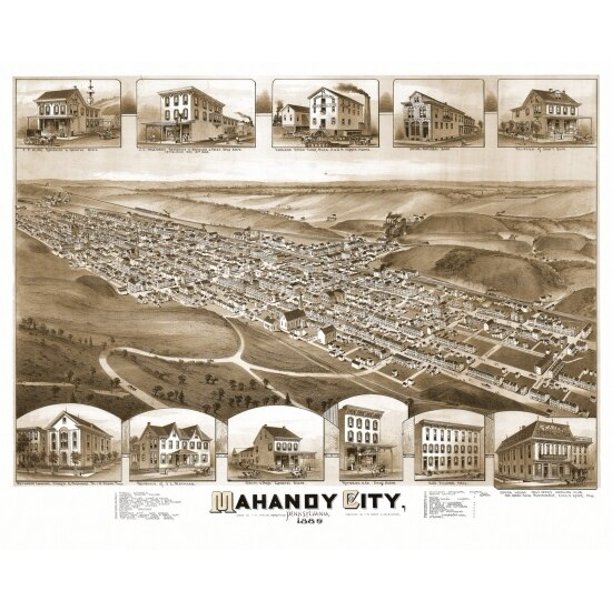 Vintage Map of Mahanoy City Pennsylvania 1889 Schuylkill County Poster