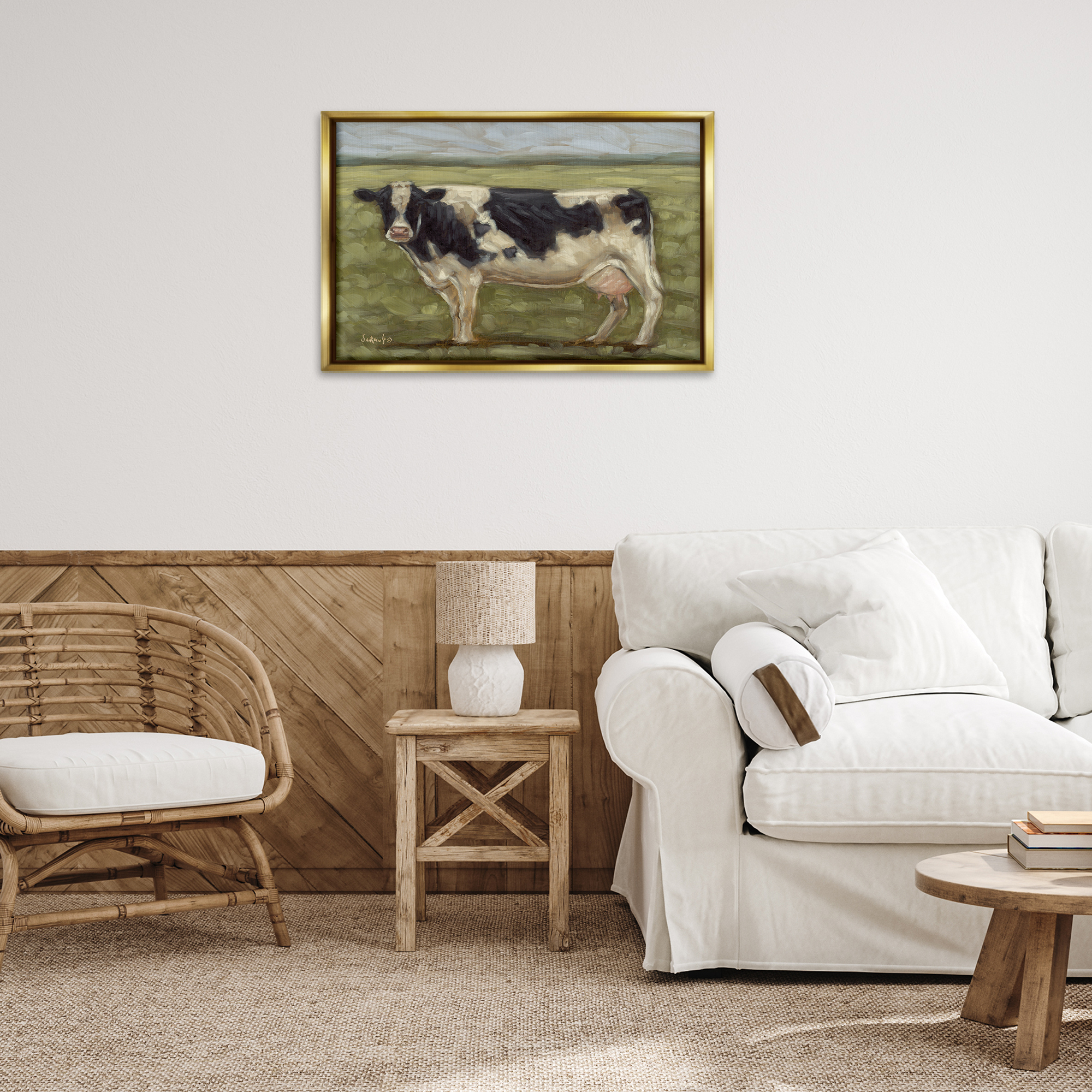 Stupell Industries Painterly Cow on Farm Animals Painting Gold Floater Framed Canvas Art Print Wall Art, 31 x 21