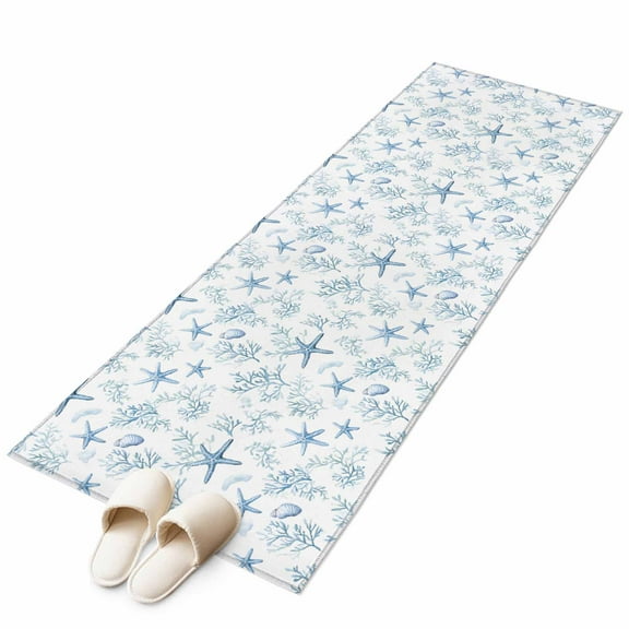 Coastal Coral Runner Rug 2x6 FT, Non Slip Hallway Carpet, Ocean Starfish Blue Conch Summer Sea Washable Soft Floor Carpet Throw Runner Carpet Long Rug for Entryway Kitchen Bedside Sliding Door