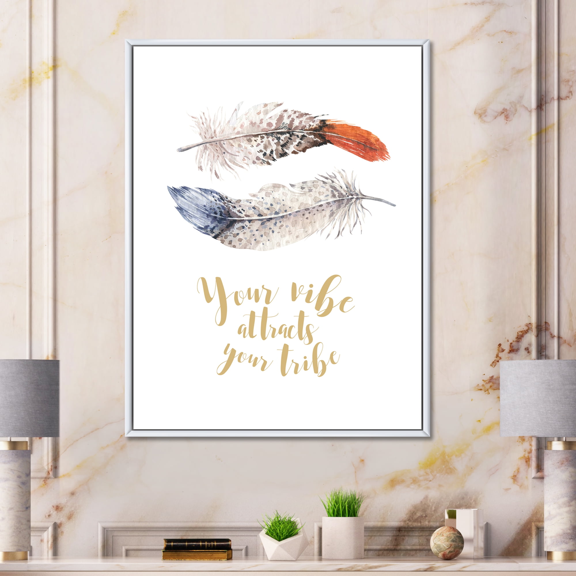 Your VIbe Attracts Your Tribe Two Feathers 24 in x 32 in Framed Painting Canvas Art Print, by Designart