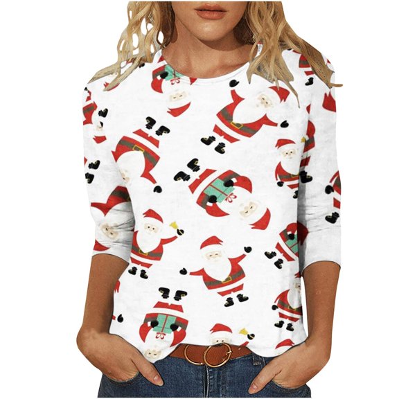 Christmas 3/4 Sleeve Shirts for Women Christmas Snowman Print Top Cute Santa Print Shirt Round Neck Holiday Shirt Tops Women Sweaters Clearance Cheap