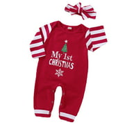 Infant Baby Girls My 1st Christmas Romper Bodysuit Stripes Headband Outfits Set