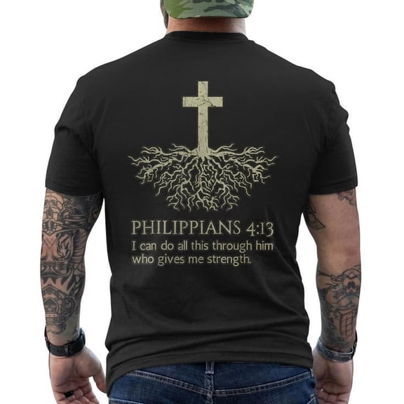 Christian Faith T-Shirt for Men, Philippians 4:13 Bible Verse Jesus Cross Graphic Tee, Back Print Religious Shirt