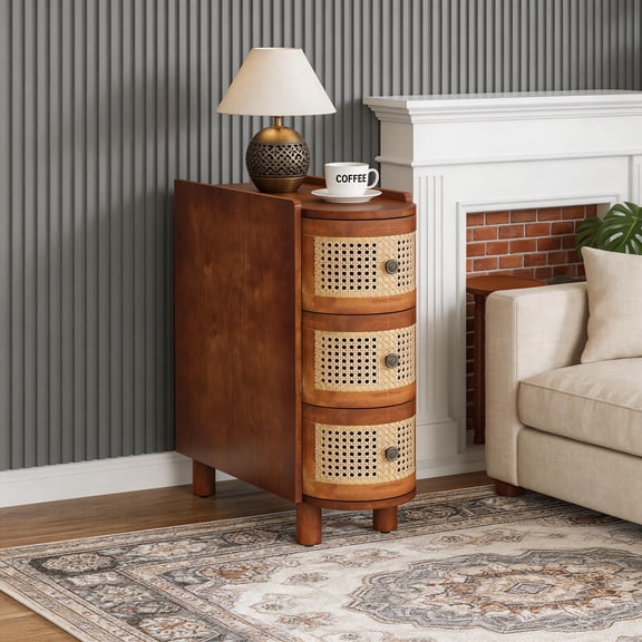 3-Drawer Rattan End Table With Vintage Embossed Handles Slim Nightstand Sofa Side Table Finished Back No Assembly For Living Room Bedroom Walnut & Oak