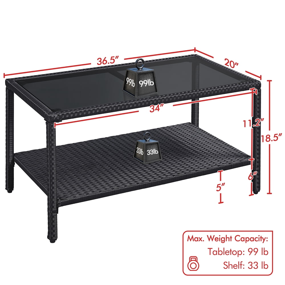 Yaheetech 2-Layer Outdoor Wicker Coffee Table with Tempered Glass Top, Gray