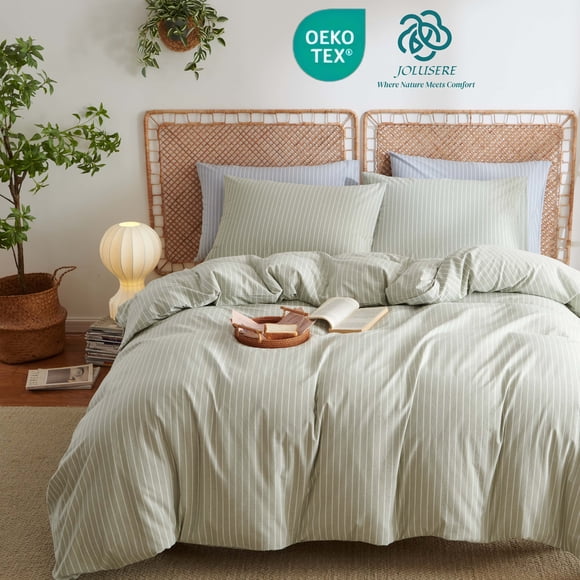 JOLUSERE 100% Washed Cotton Duvet Cover Queen Set, 3-Piece Breathable Comforter Cover(Sage Green & White Striped)