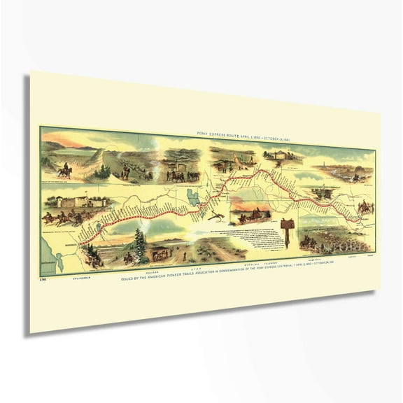 HISTORIX 1960 Pony Express Vintage Map Poster Wall Art Print, 12 x 24 Inch