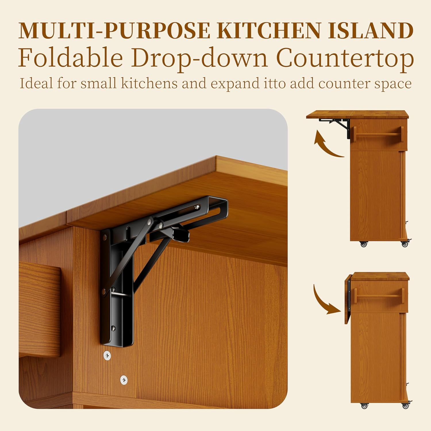 39.4" Rolling Kitchen Island Cart with Drop Leaf Countertop, Sliding Door, Drawers, Spice Rack, and 2-Tier Storage, Yellow Walnut