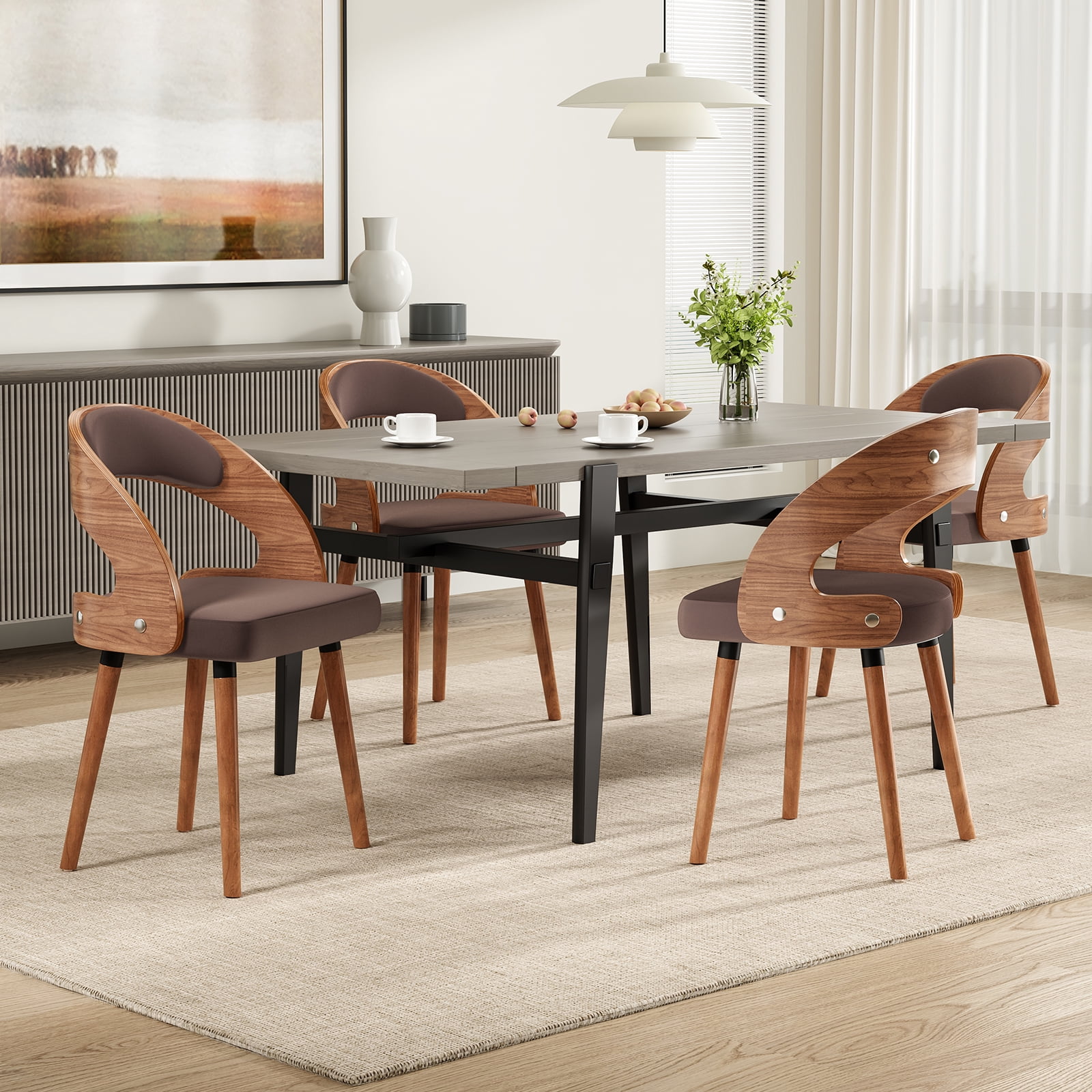 Farini Set of 4 Wood Dining Chairs with Curved Backrest for Kitchen Dining Room, Dark Brown