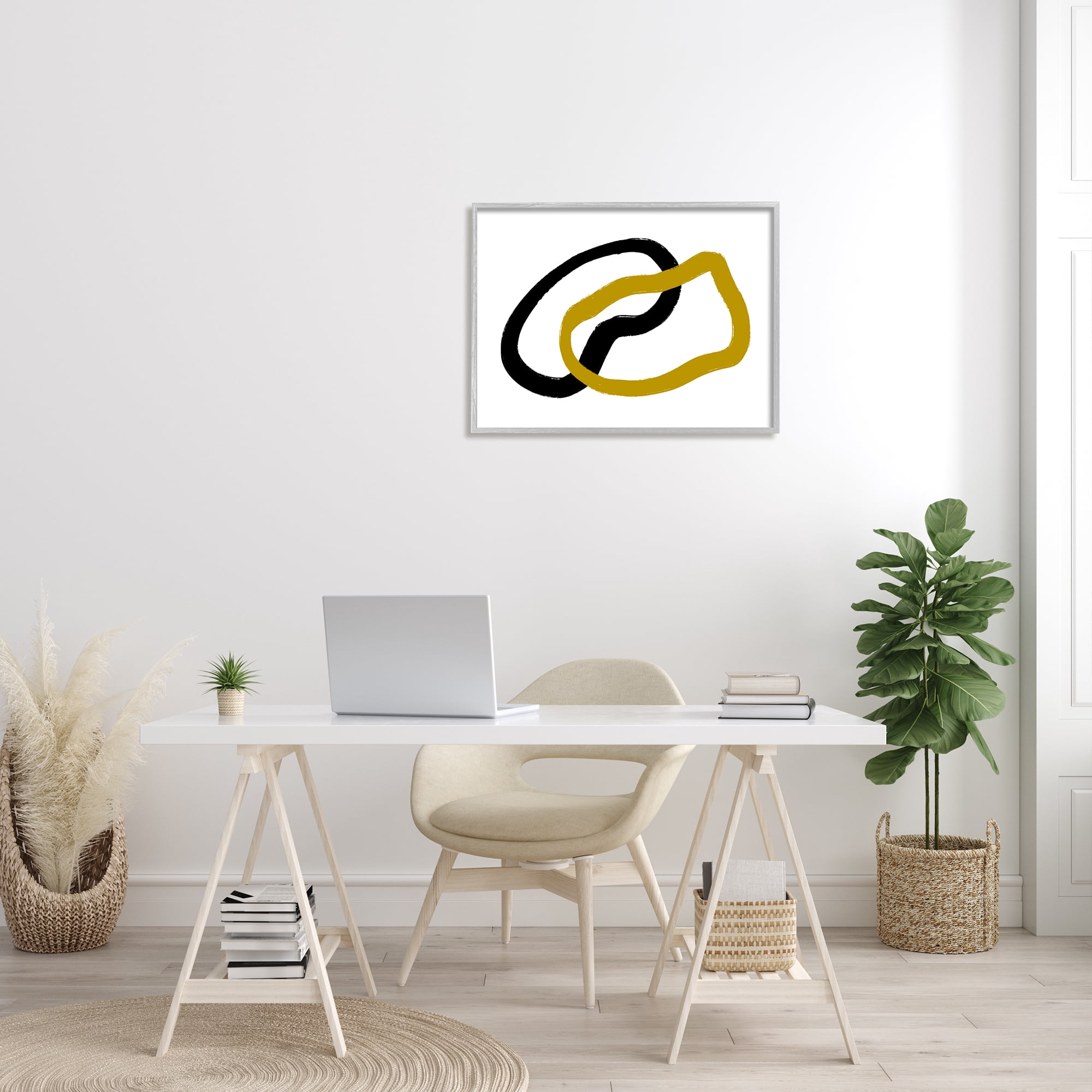 Stupell Industries Embrace over Horizon Line Abstract Black Gold Shapes Abstract Painting Gray Framed Art Print Wall Art, 24 x 30
