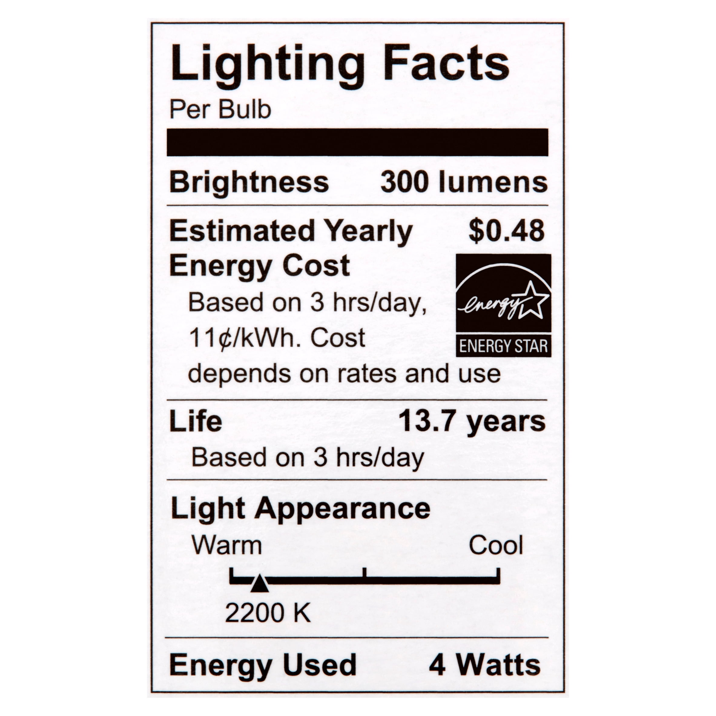 Great Value LED St12 4 Watts Amber Light Candelabra Base Bulbs, 4 Count