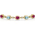 thumbnail image 3 of Gem Stone King 18K Yellow Gold Plated Silver Red Created Ruby and Blue Zircon Bracelet for Women | 5.05 Cttw | Gemstone July Birthstone | Oval 7X5MM | Fully Adjustable 9 inch, 3 of 6