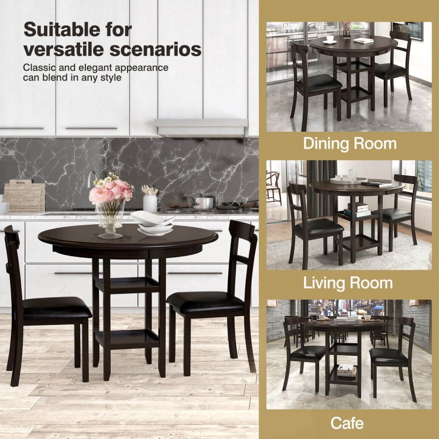 Finihen Dining Set, Dining Table Set, 3 Pieces Dining Set with Counter Height Round Dining Table and 2 Upholstered Chairs, for Home, Restaurant, Coffee Finihen Dining Set, Dining Table Set, 3 Pieces Dining Set with Counter Height Round Dining Table and 2 Upholstered Chairs, for Home, Restaurant, Coffee