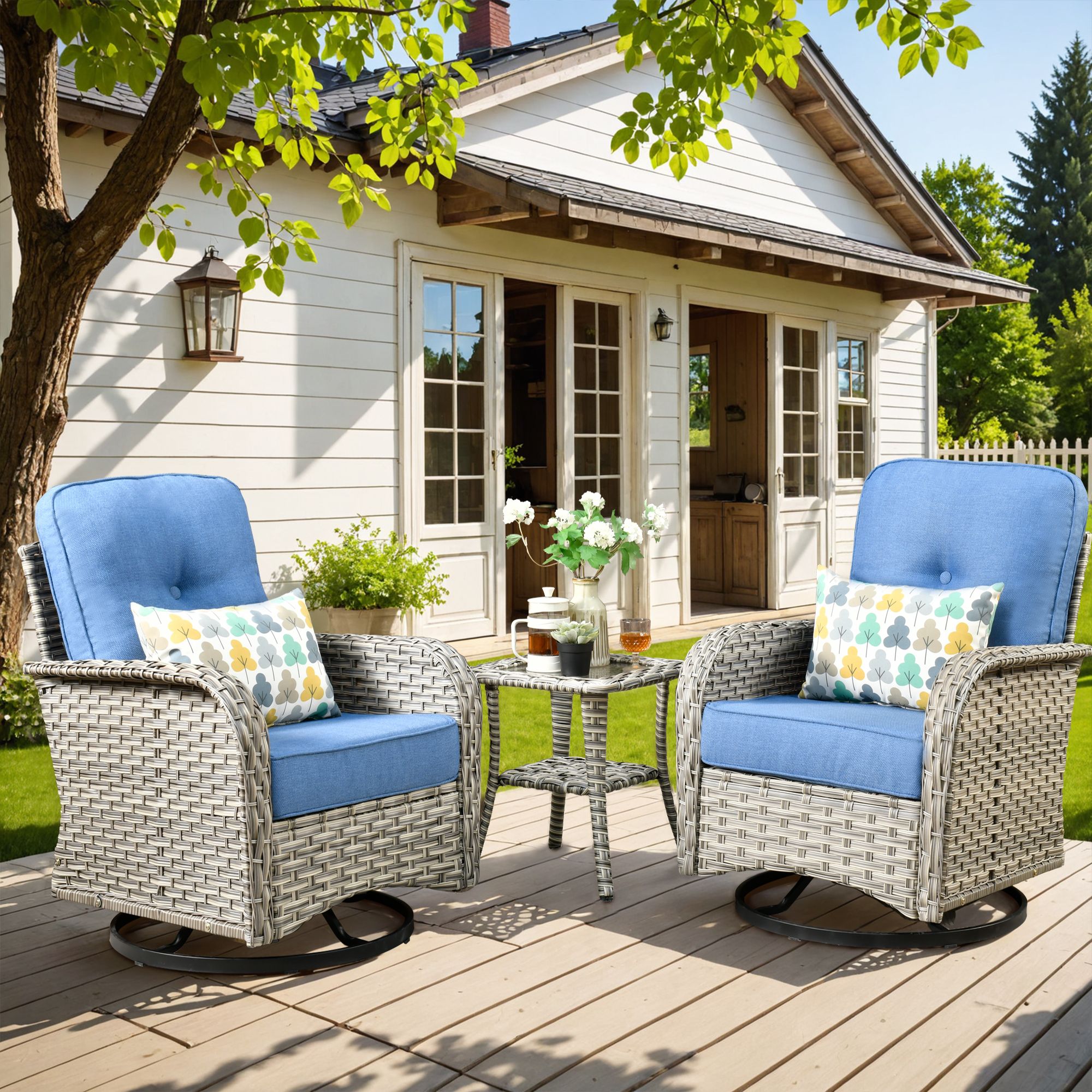 Vcatnet 3 Pieces Outdoor Patio Furniture Wicker Swivel Rocking Chair Swivel Rocker Patio Chairs Set of 2 with Side Table for Porch, Backyard, Diamond Blue