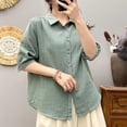 thumbnail image 4 of Womens Button Down Shirts Collar V Neck Half Sleeve Dress Shirts Casual Solid Color Summer Tops Work Blouses Green, 4 of 5