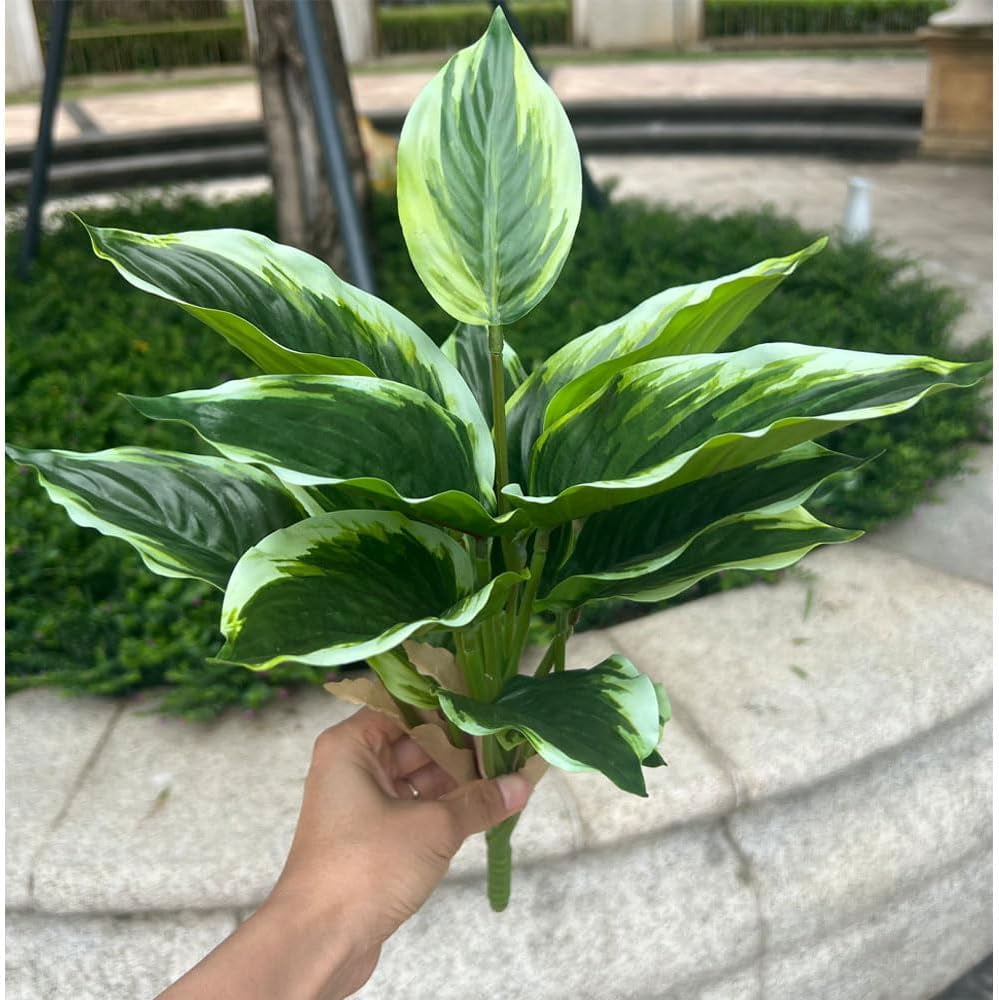 4 Bushes Perennial Hosta Artificial Variegated Green Leave Plant 15.7" Faux Dieffenbachia Tropical Plant Outdoor Shrubs Indoor Yard Decor