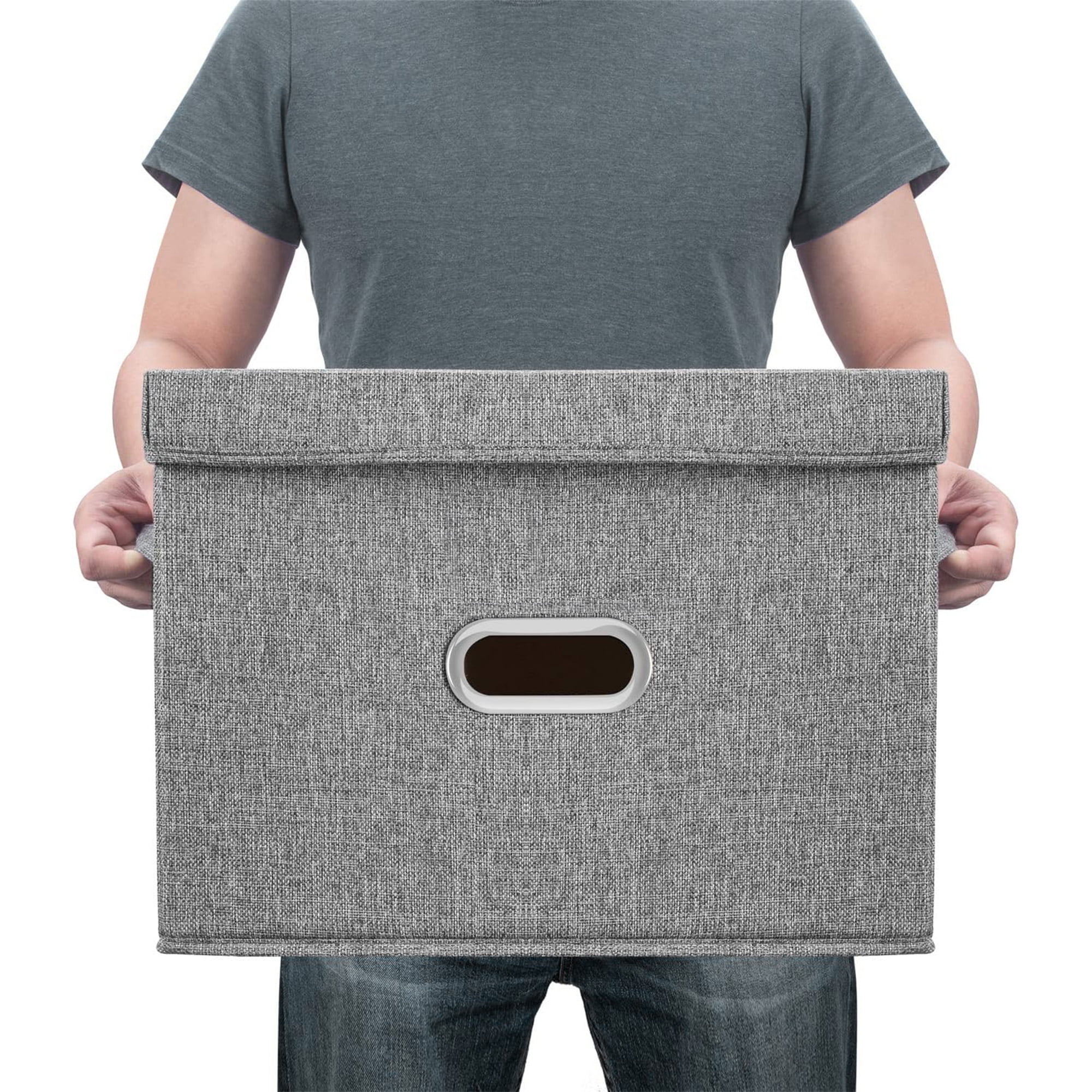 Collapsible Fabric Storage Bin With Handle Lid Foldable Box Linen Large Container Organizer For Home Clothes Storage, Coffee