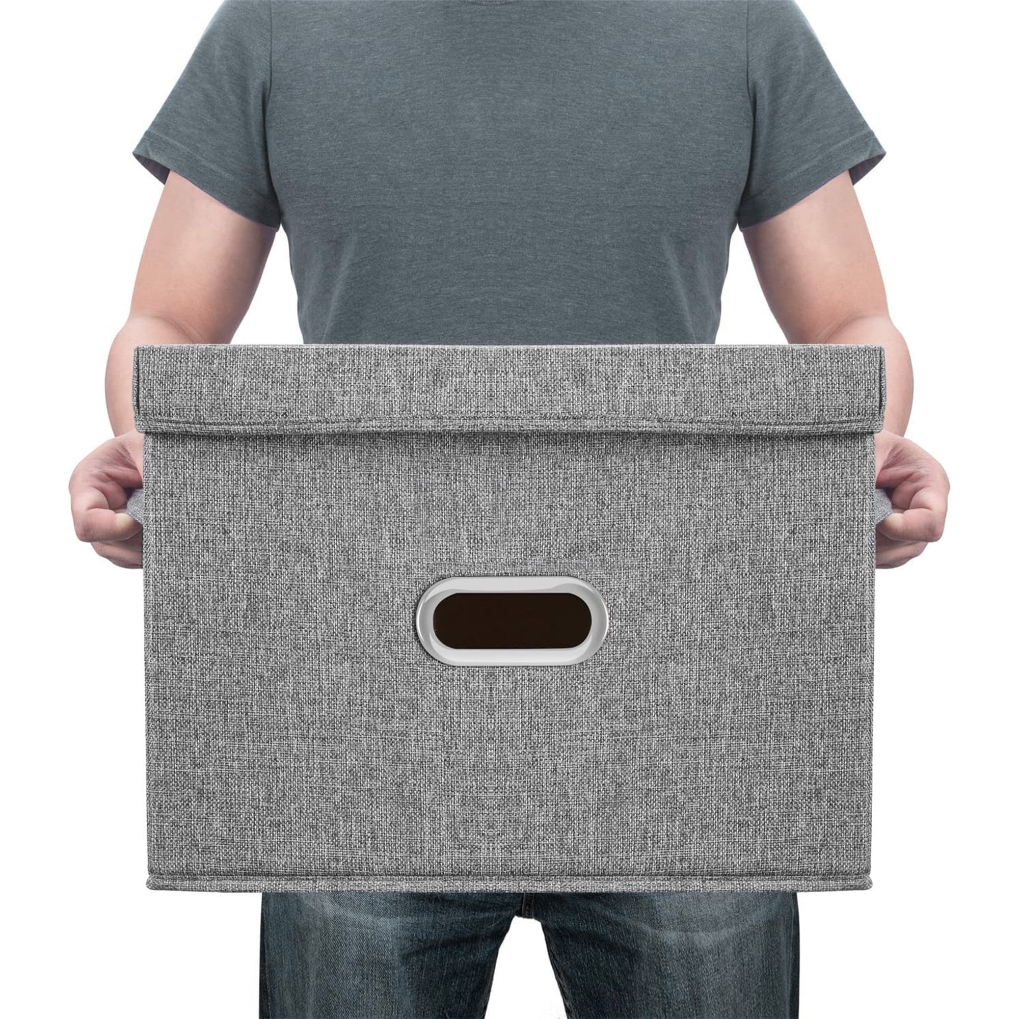 Collapsible Fabric Storage Bin With Handle Lid Foldable Box Linen Large Container Organizer For Home Clothes Storage, Coffee