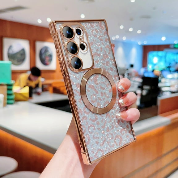 Allytechgroup For Samsung Galaxy S22 Ultra Case for Girls Women, Bling Leopard Pattern Luxury Back Cover Compatible with Magsafe Anti-Scratch Shockproof Slim Fit Shell Phone Case, Gold