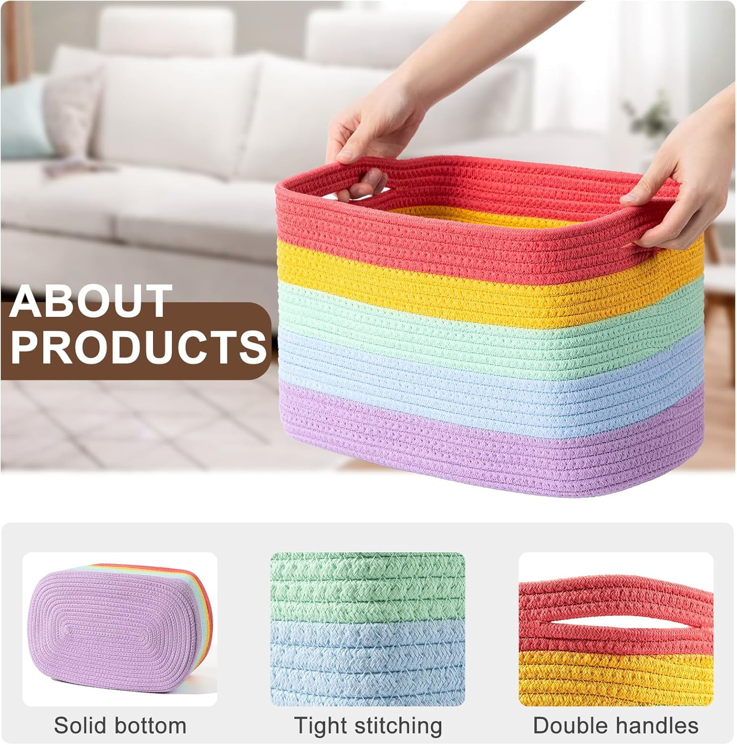 Rope Basket for Storage - 12”x10”x9” Storage Bins, Decorative Basket for Blankets, Woven Basket with Handles, Storage Baskets for Shelves, Home, Laundry (4 Pack, Rainbow)