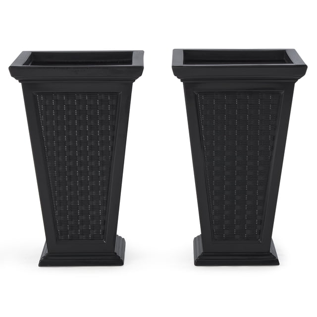 FCMP Outdoor MOD-WP3000 Wicker-Pattern Resin 24" Tall Indoor/Outdoor Self-Watering Pedestal Taper Planter, Black, 2 Pack