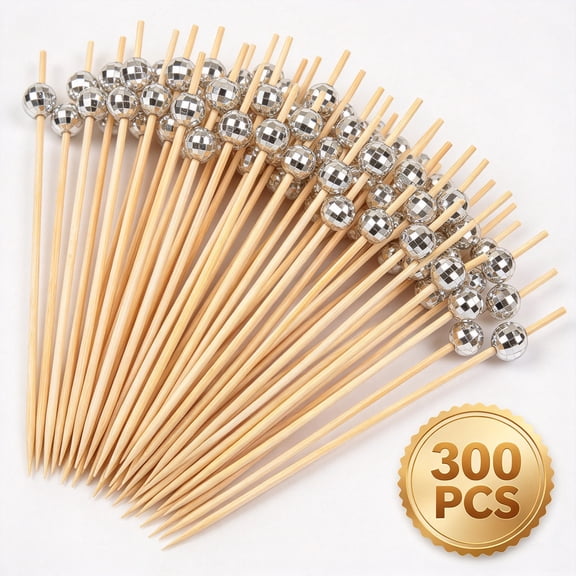 Disco Ball Cocktail Picks, Bamboo Skewers for Appetizers, Disco Party Decorations, 4.7 Inch Long Silver Wooden 300 Pcs