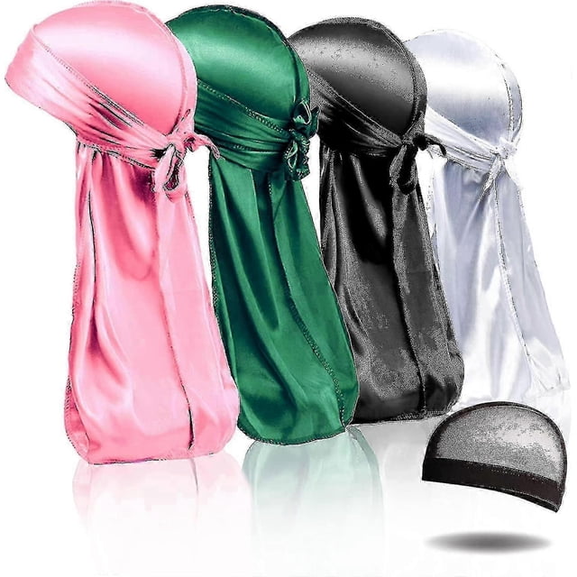 4pcs Silky Durags, Silk Durag For Men Women Waves, Silk Durag Pack With 1 Wave Cap, Silky Satin Durag Extra Long Tails