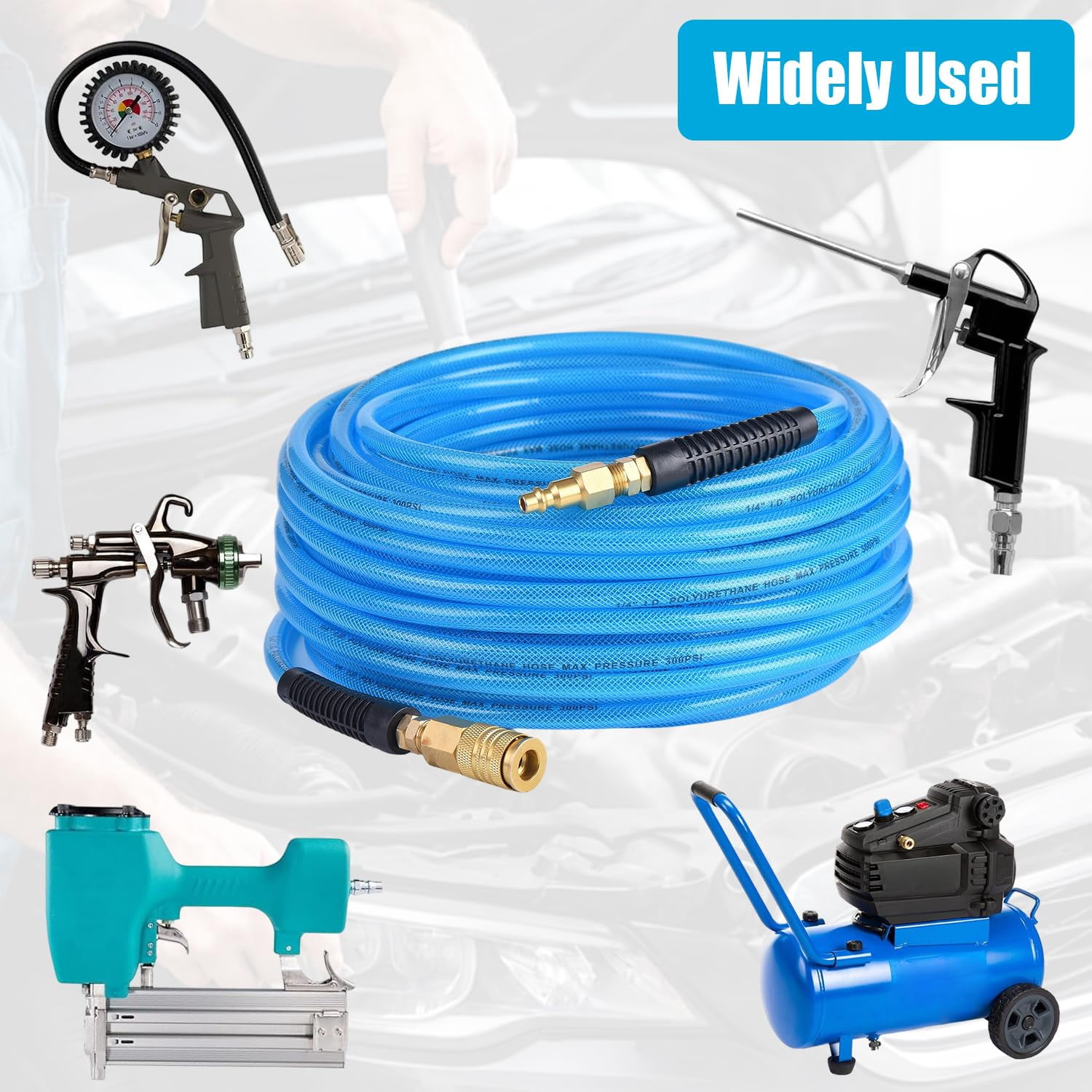 25FT 1/4 Inch Air Hose Reinforced Polyurethane Air Compressor Hose - Flexible Heavy Duty Braided Pneumatic Hose with Quick Connect Fittings 300 PSI for Garage Shop Automotive Use