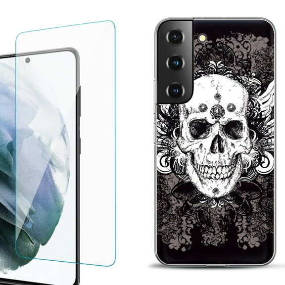Slim-Fit Fashion Gel Phone Case for Samsung Galaxy S22  5G / S22 Plus 5G, with Tempered Glass Screen Protector, by OneToughShield ® - Grunge Skull