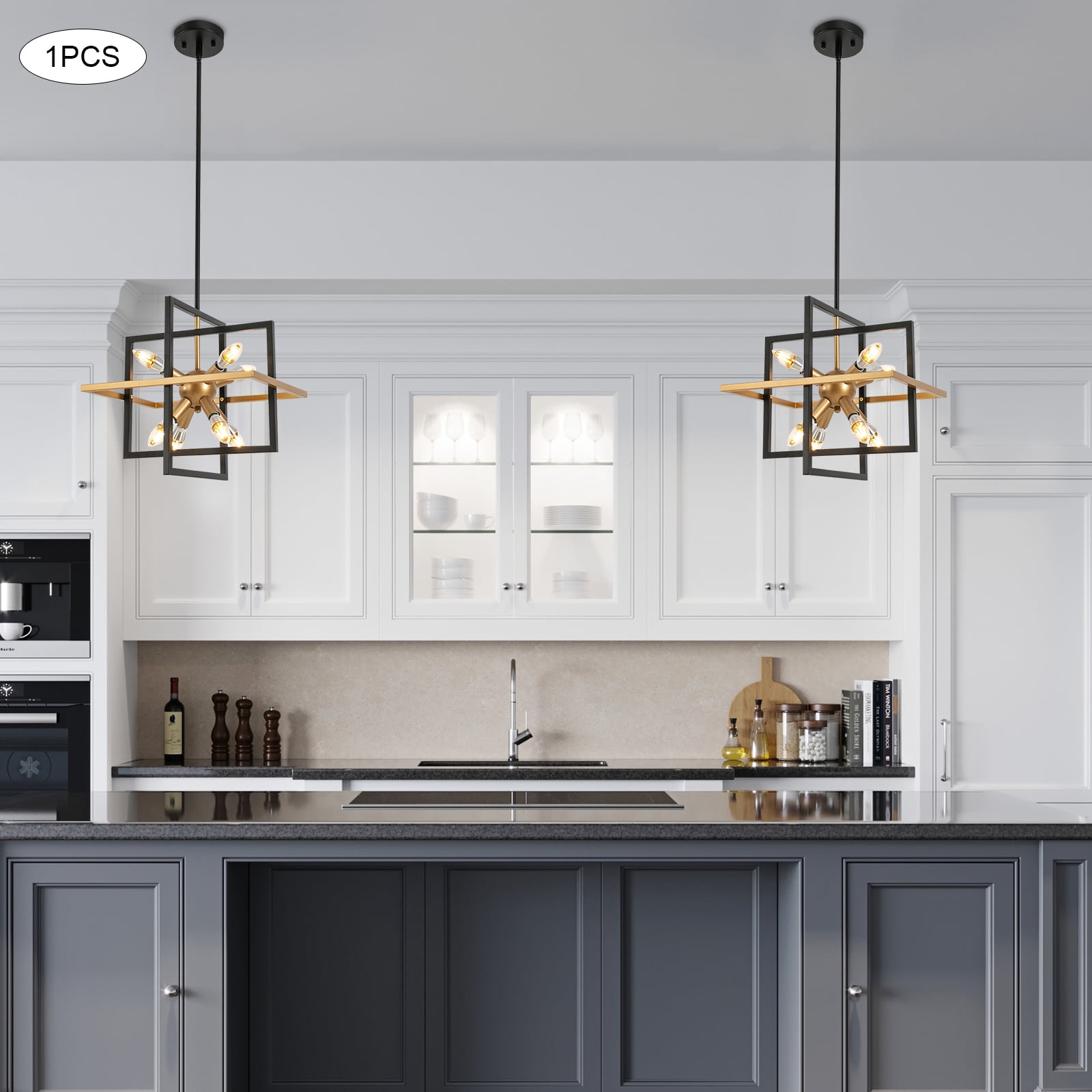 Griptix Modern Ceiling Light with Adjustable Hanging Rods, Elegant Gold and Black Design, 8 Lamp Heads, for Flat and Sloped Ceilings, Easy to Install