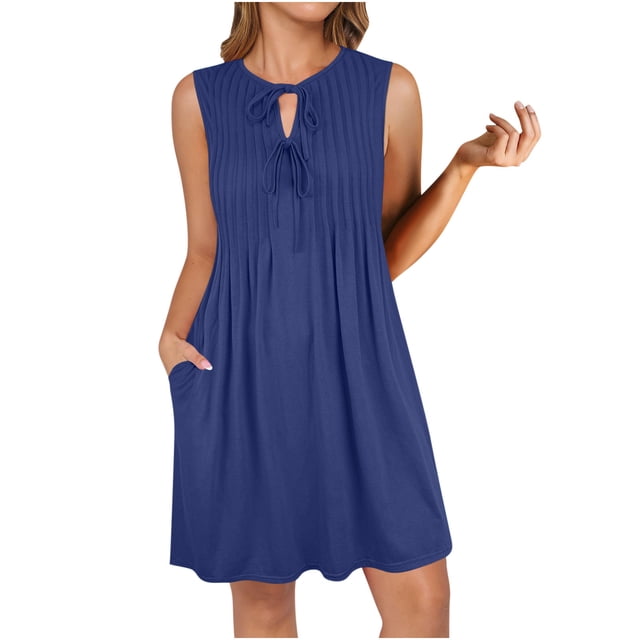 Hyknon Robes d'Été pour Femmes Mode Couleur Unie Col Rond Sans Manches Robes Plissées Fluides Amples Sans Manches avec Poches