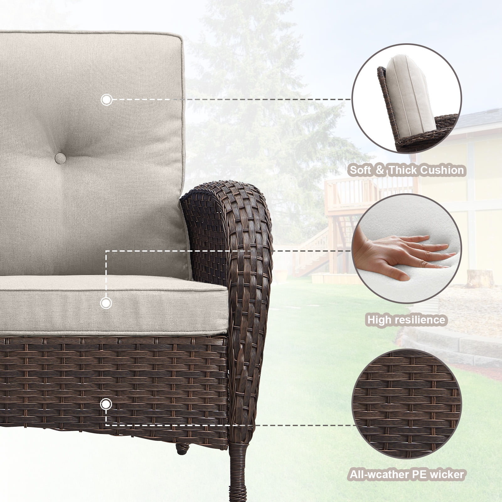 OPOHORO 7 - Pieces Patio Furniture Set with 43" Rectangular Fire Pit Table, Outdoor Conversation Sets with Glider Chairs, Glass Side Table and Ottomans, for Garden Lawn Balcony, Beige Cushion