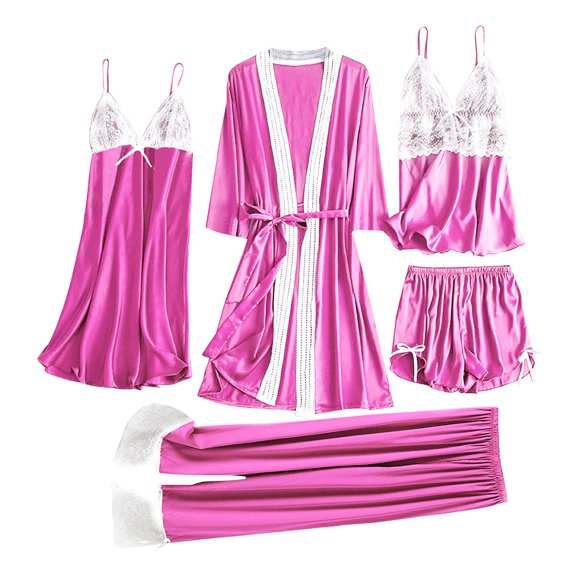 Lindreshi Womens Pajama Sets Shorts Clearance 5PC Women Satin Lace Camisole Trousers Shorts Nightdress Robe Pajamas Lingerie