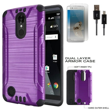 Phone Case For LG Rebel 3 L157BL L158VL Brush Dual-Layered Cover Film USB Cable (Combat Brush Purple-Black TPU / USB /