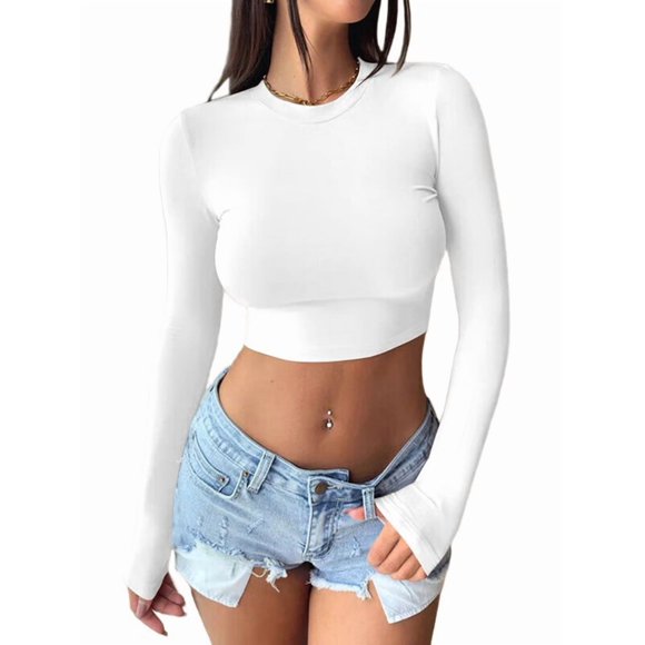 Women'S Long Sleeve Crop Tops - Basic Crew Neck Slim Fitted Fall Cropped Shirts White M