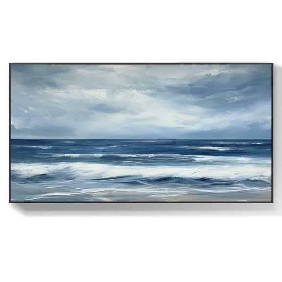Minimalist Ocean Wave Oil Painting on Canvas Large Blue Sky Wall Art Original Abstract Seascape Painting Blue Sea Wall Decor Living Room Art,Unstretched,Frameless,(41*61cm)16*32Inches