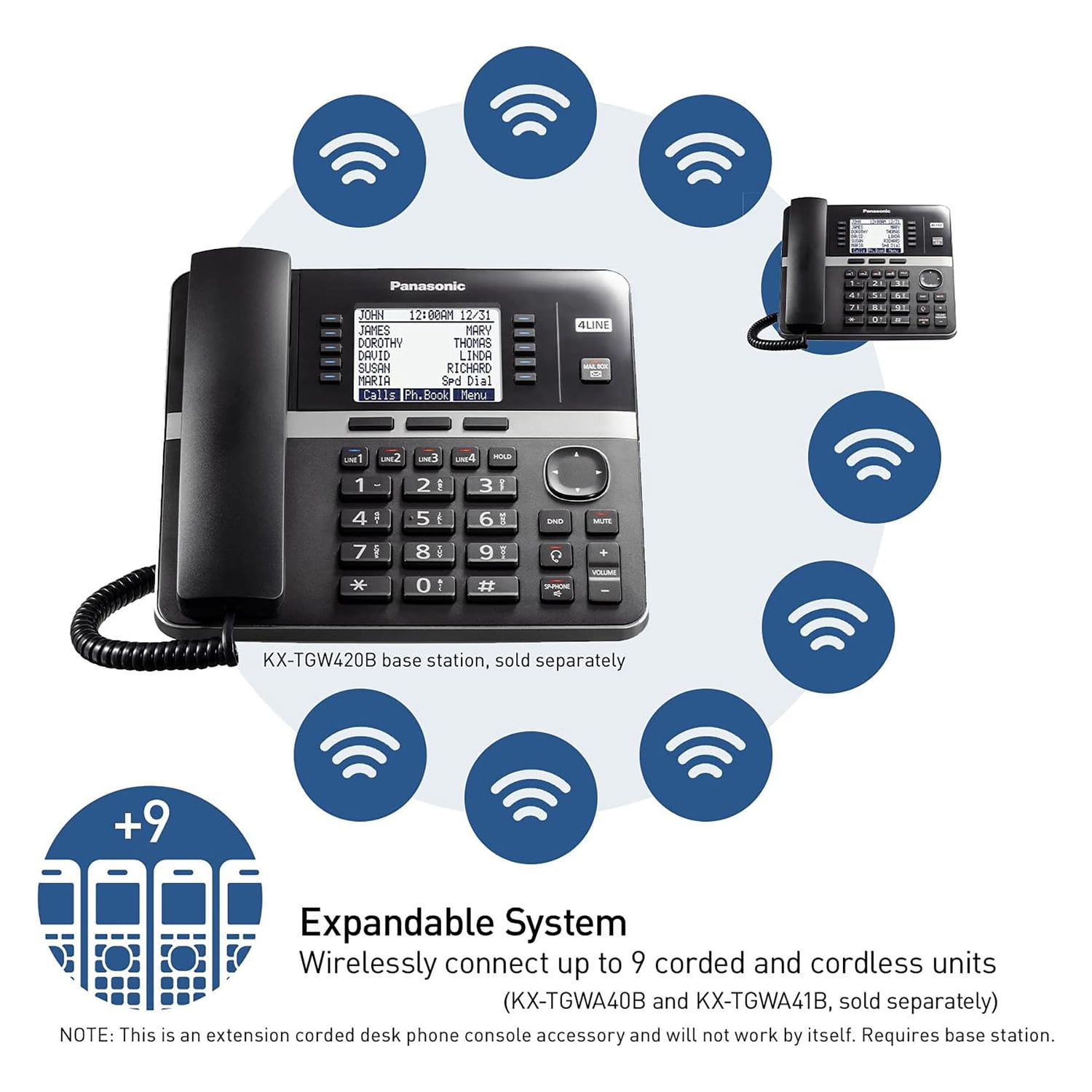 Panasonic DECT 6.0 Office Phone Extension with Corded Handset for KX-TGW420B 4-Line Office Phone Base Station, Black, KX-TGWA40B