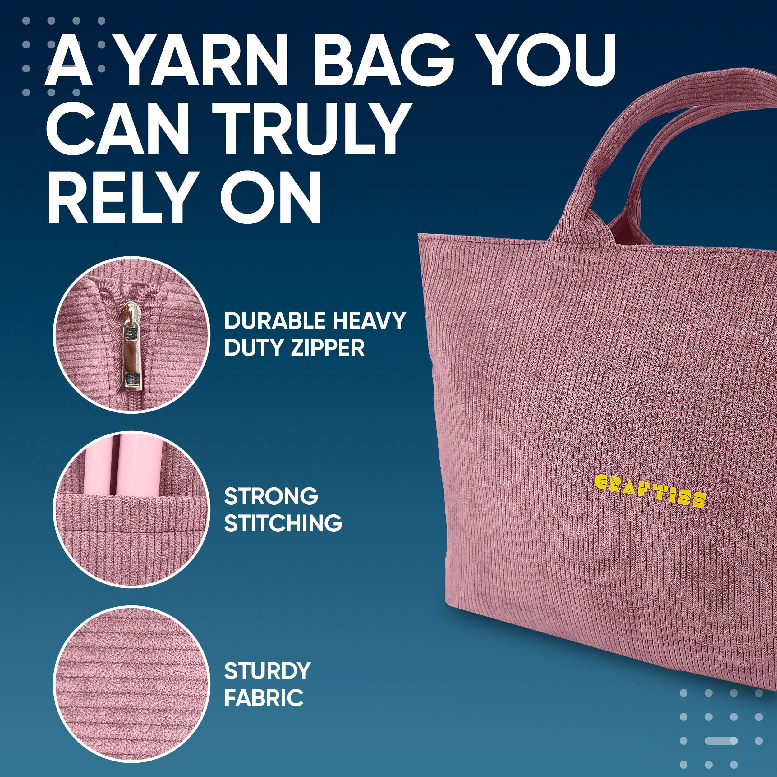 CRAFTISS Crochet Bag Yarn Storage - Perfect Gift - Durable Corduroy Yarn Bag for Crochet Accessories - Organizer with Knitting Accessories Case