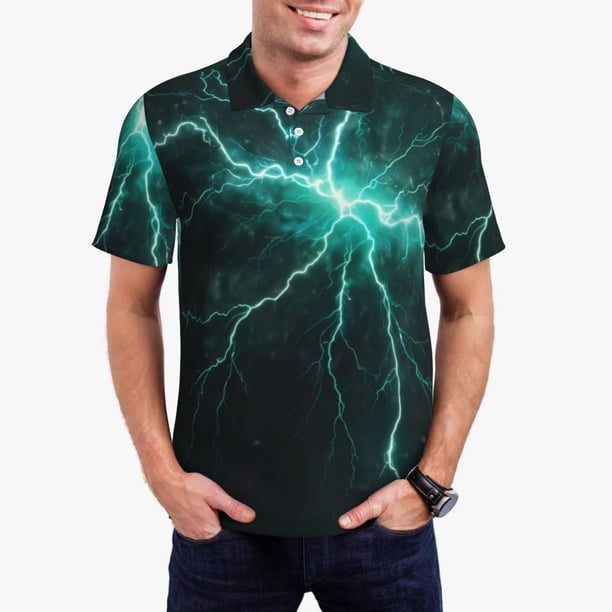 Fotbe Green Lightning Flash Camiseta Polo de Golf para Hombre con Estampado – Camisa Deportiva Transpirable con Cuello Abotonado-Large