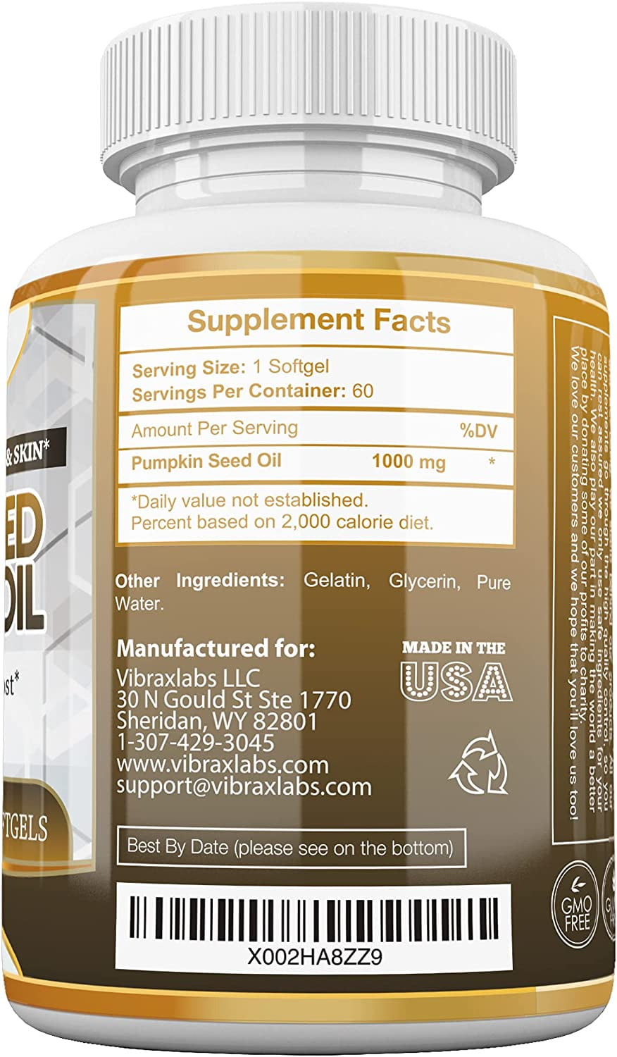 Vibraxlabs Pumpkin Seed Oil Supplement 1000mg-100% Cold Pressed, for Hair Growth, 60 Softgels