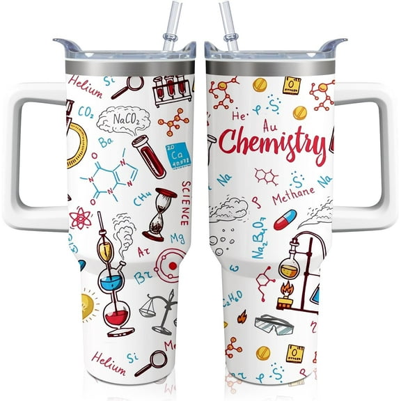 40oz Chemistry Teacher Gifts Chem Tumbler with Handle and Straw, Chemical Stainless Steel Insulated Cup with Lid, Travel Coffee Mug Water Bottle, Birthday Gifts for Women Men