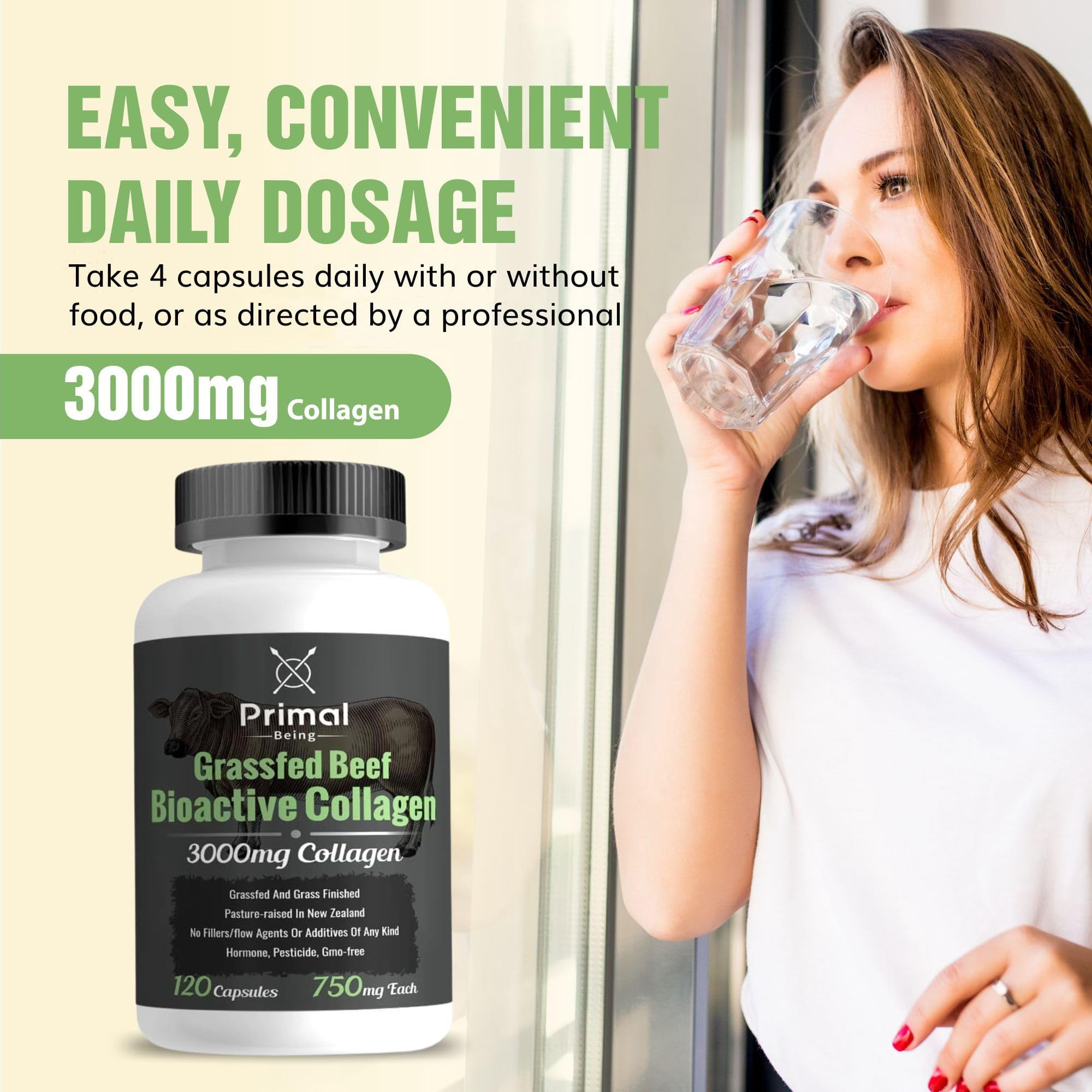 Primal Being Grassfed Beef Cartilage Collagen (Type I-V & XI)- Supports Hair, Skin, Nails, Joint Health, Immunity, Digestion, Post Exercise Recovery - 120 Capsules, 3000 mg per Serving