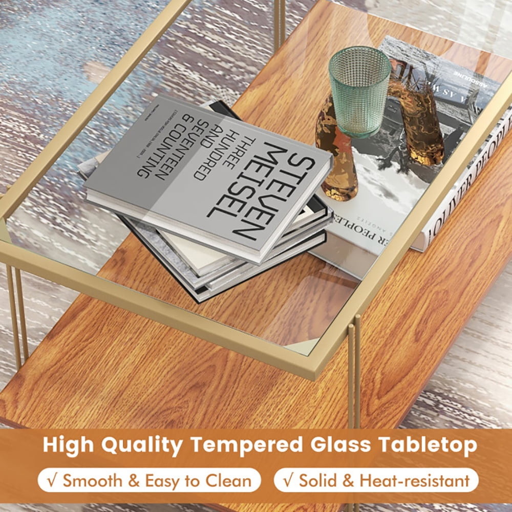 Finihen Coffee Table, Glass Coffee Table, 2 Tiers Rectangle Glass Coffee Table with White and Gold Steel Frame, for Living Room, Reception Room, Golden Finihen Coffee Table, Glass Coffee Table, 2 Tiers Rectangle Glass Coffee Table with White and Gold Steel Frame, for Living Room, Reception Room, Golden